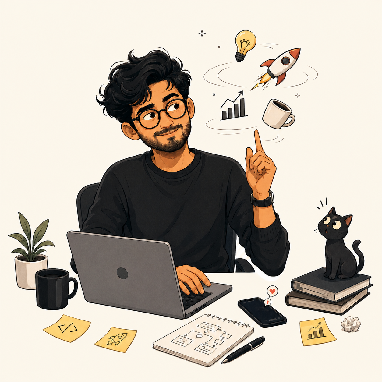 Illustration of Abhishek Dey working at a laptop