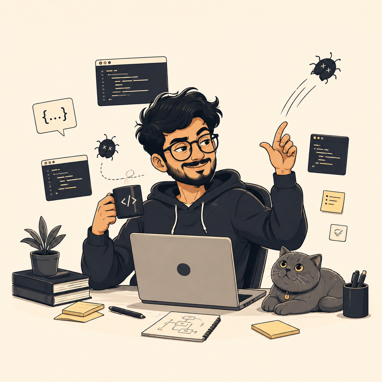 Illustration of Abhishek Dey working at a laptop